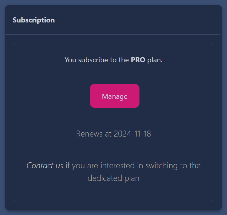 Screenshot showing the subscription
